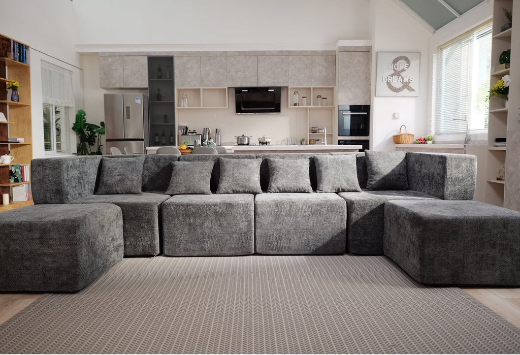 130" Oversized Modular Sectional Sofa for Living Room Furniture, Chenille Cloud Couch with Ottomans, Dark Gray
