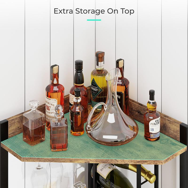 63” Corner Bar Cabinet with Wine Rack, 5-Tier Liquor Cabinet with Glass Holder, Adjustable Shelves & Barn Door, Home Bar Storage for Living Room & Kitchen