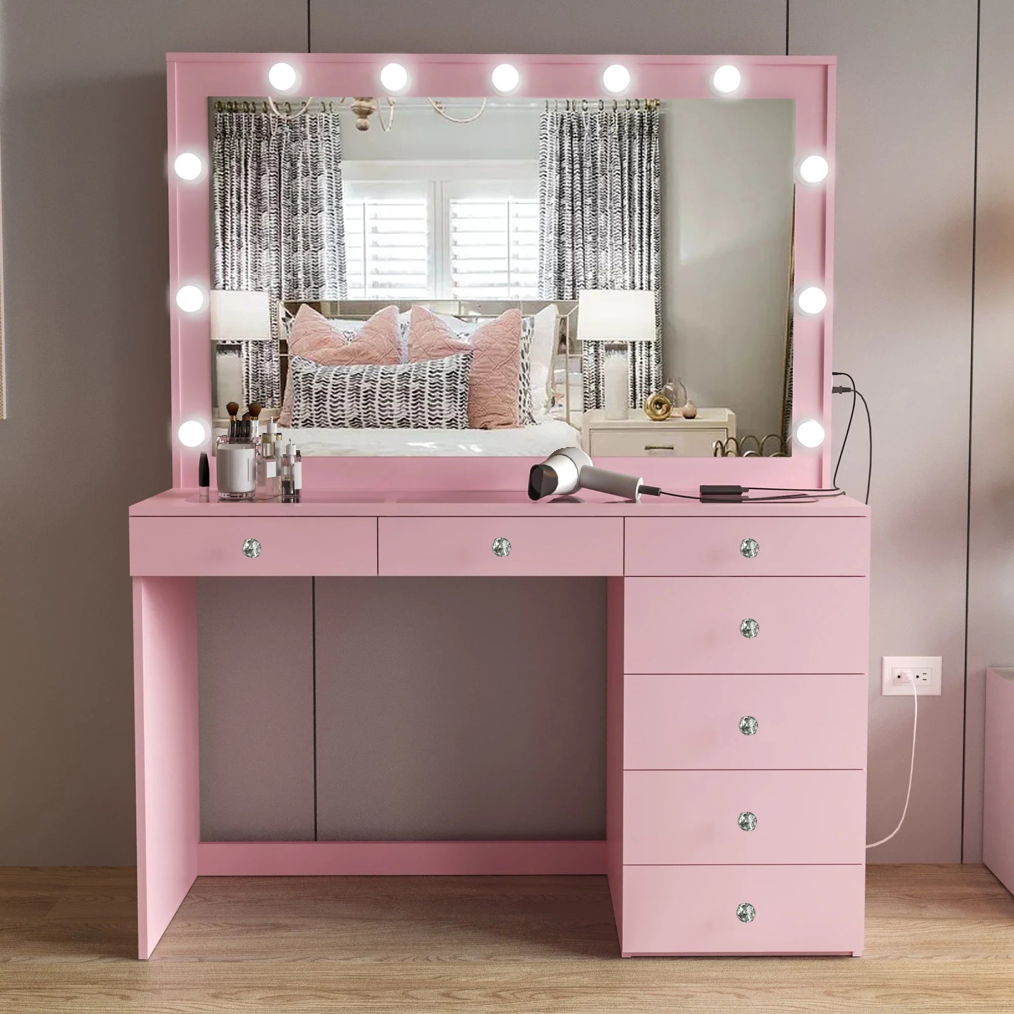 Boahaus Serena Makeup Vanity Table with Built-In Lights & Glass Top | Elegance Redefined