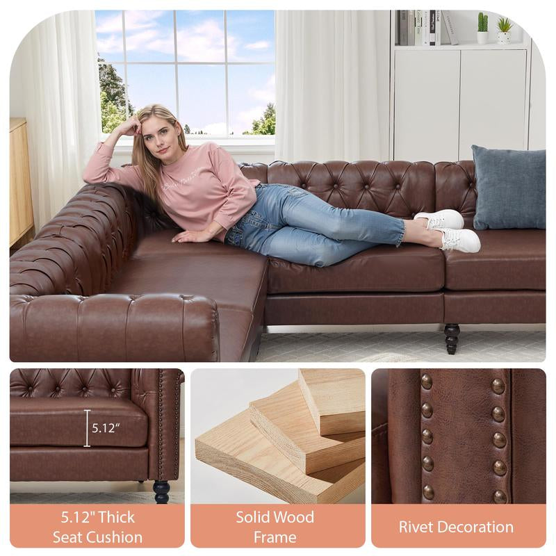 【Shipped in Two or More Packages】Giratree Furniture 98" PU Leather Chesterfield 3+2 Tufted Modular Sectional Sofa with Pillows, Rolled Arms and Nailhead Trim, Classic Upholstered Couch for Living Room, Apartment, Bedroom