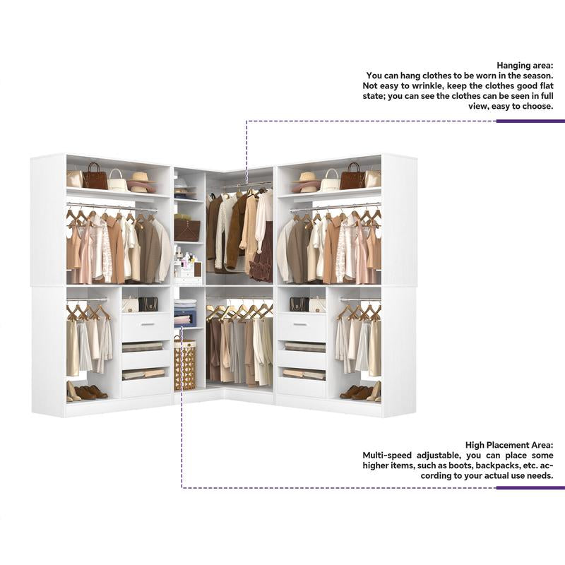 Cyclysio Corner Closet System with 6 Wooden Drawers and 6 Hanging Rods,Sturdy Walk-In Closet Organizer Wardrobe with Storage Shelves，3000 Lbs Capacity