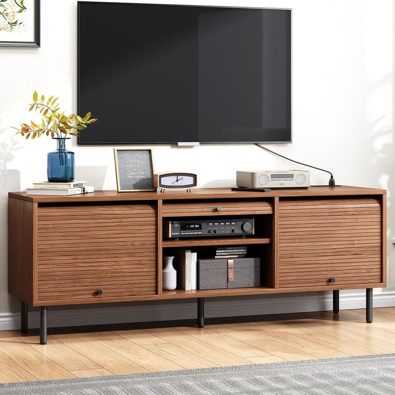 59 Inch TV Stand for Tvs up to 65 Inch, Entertainment Center with Power Outlet, Mid-Century Modern TV Console with Storage, Adjustable Shelf & Sliding Doors, TV Stand for Living Room