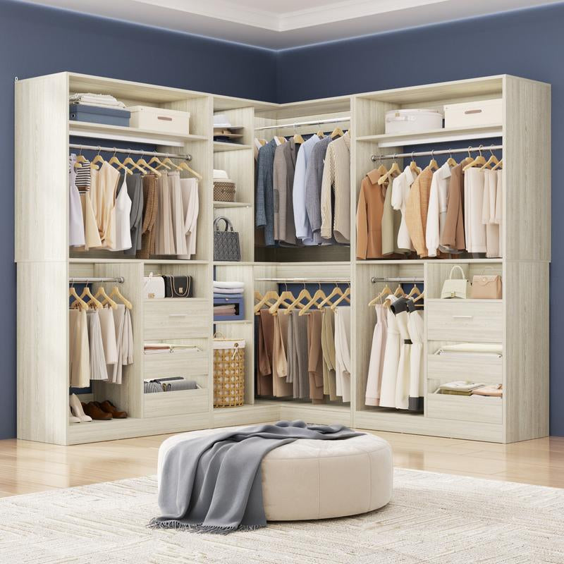 Cyclysio Corner Closet System with 6 Wooden Drawers and 6 Hanging Rods,Sturdy Walk-In Closet Organizer Wardrobe with Storage Shelves，3000 Lbs Capacity