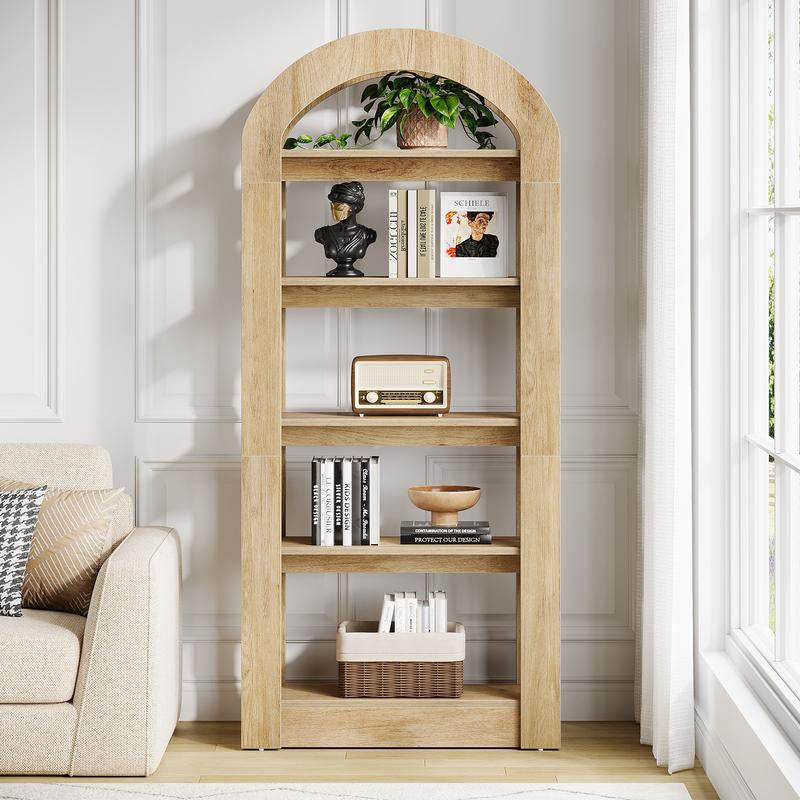 LITTLE TREE 5-Tier Bookshelf, Arch-Shaped Racks, Tall Standing Wooden Bookcase Display Shelf Modern Storage Solution