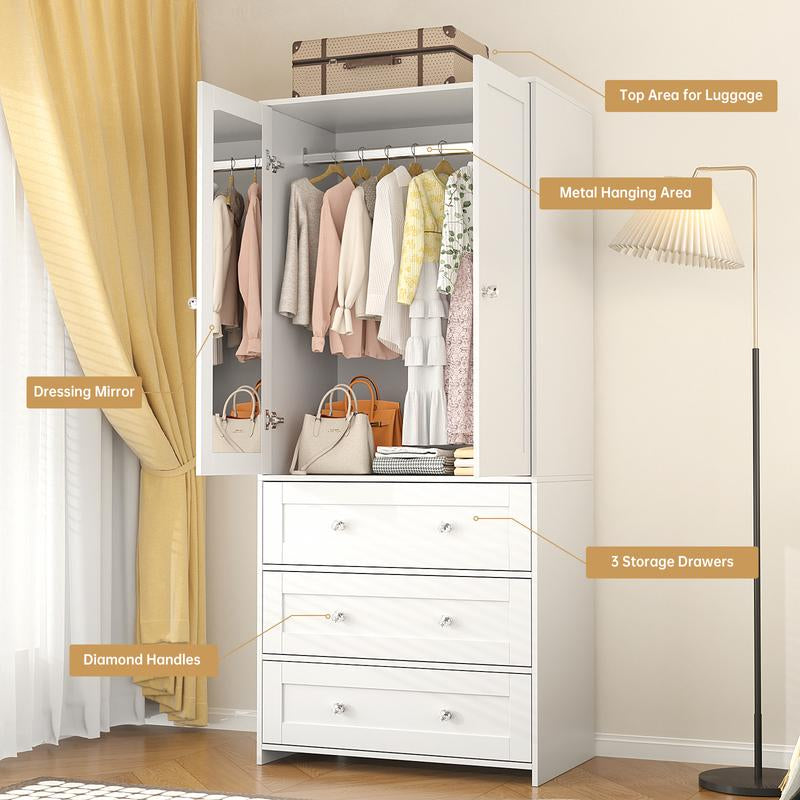 VOWNER Freestanding Wardrobe, 71" High Closet with 2 Doors and 3 Drawers, Bedroom, Living Room
