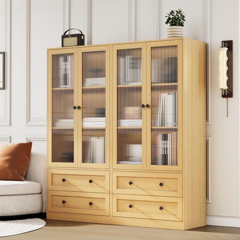 VOWNER 64.17" Tall Kitchen Pantry Storage Cabinet with 2 Glass Doors, 3 Shelves and 2 Drawers, Storage Cabinets Furniture Organizer Fathersdaygift