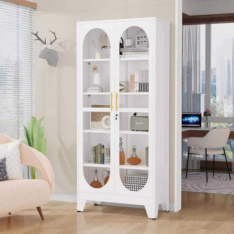 H71" Tall Metal Curio Cabinet, Display Cabinet with Glass Door, 5 Tier Liquor with 4 Adjustable Shelves, Locking Glass Display Case for Collectibles, Showcase Storage Cabinets, Black