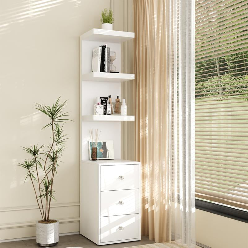 VOWNER 3 Tier Stand Shelf with 3 Drawers Modern Decor beside Table Nightstand with LED Light for Vanity Bedroom