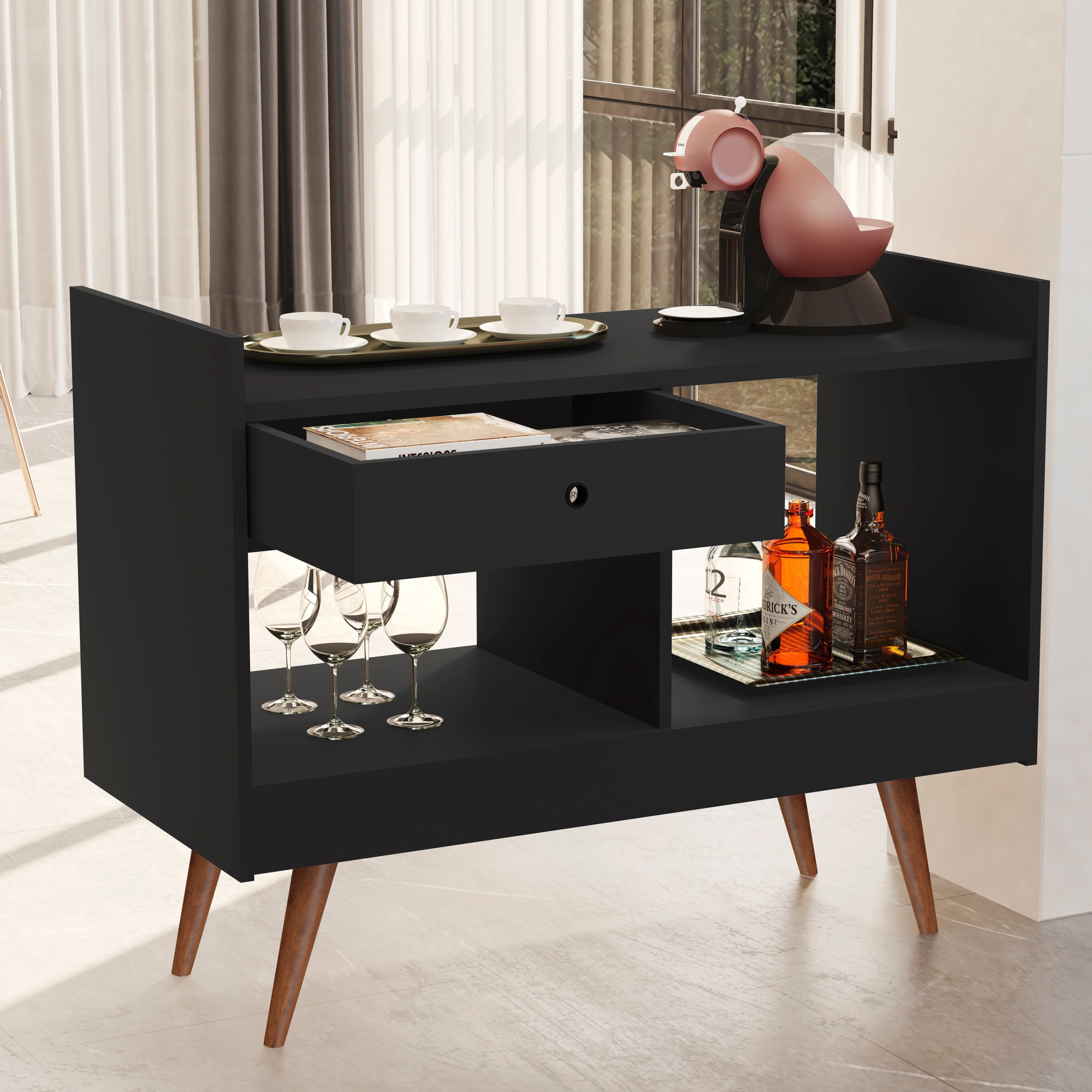 Boahaus Evershot Bar Cabinet with Open Shelves & Wooden Legs | Modern Design
