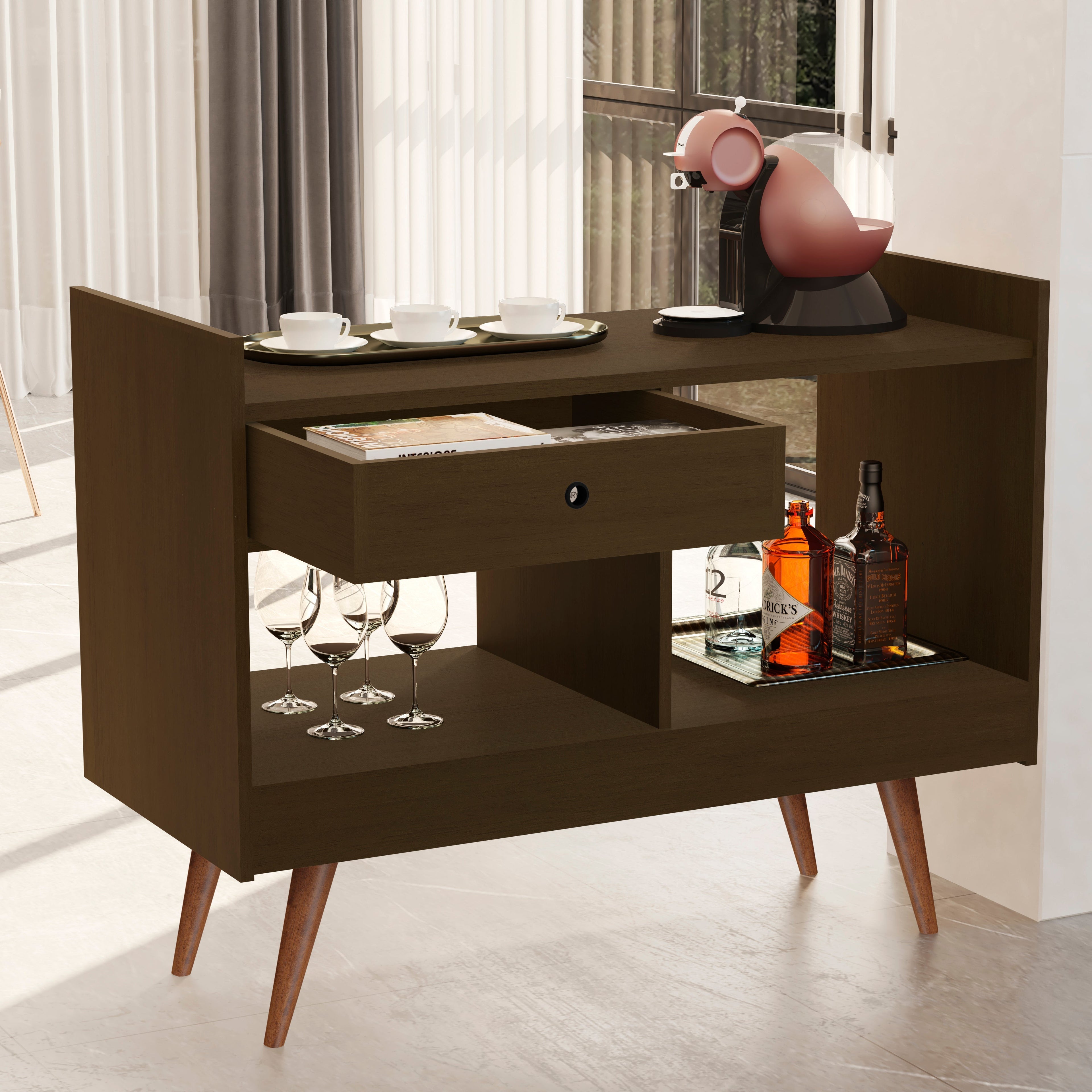 Boahaus Evershot Bar Cabinet with Open Shelves & Wooden Legs | Modern Design