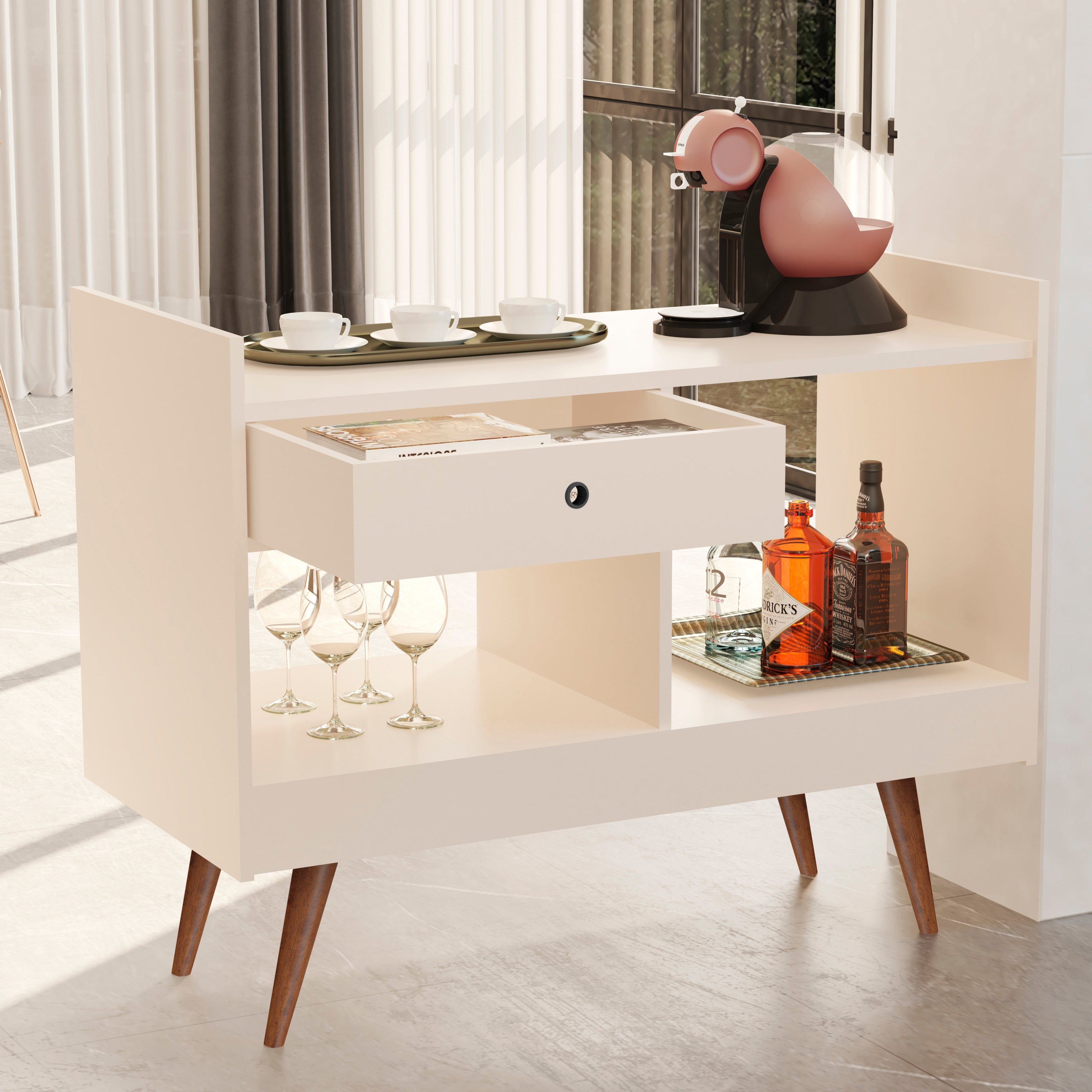 Boahaus Evershot Bar Cabinet with Open Shelves & Wooden Legs | Modern Design