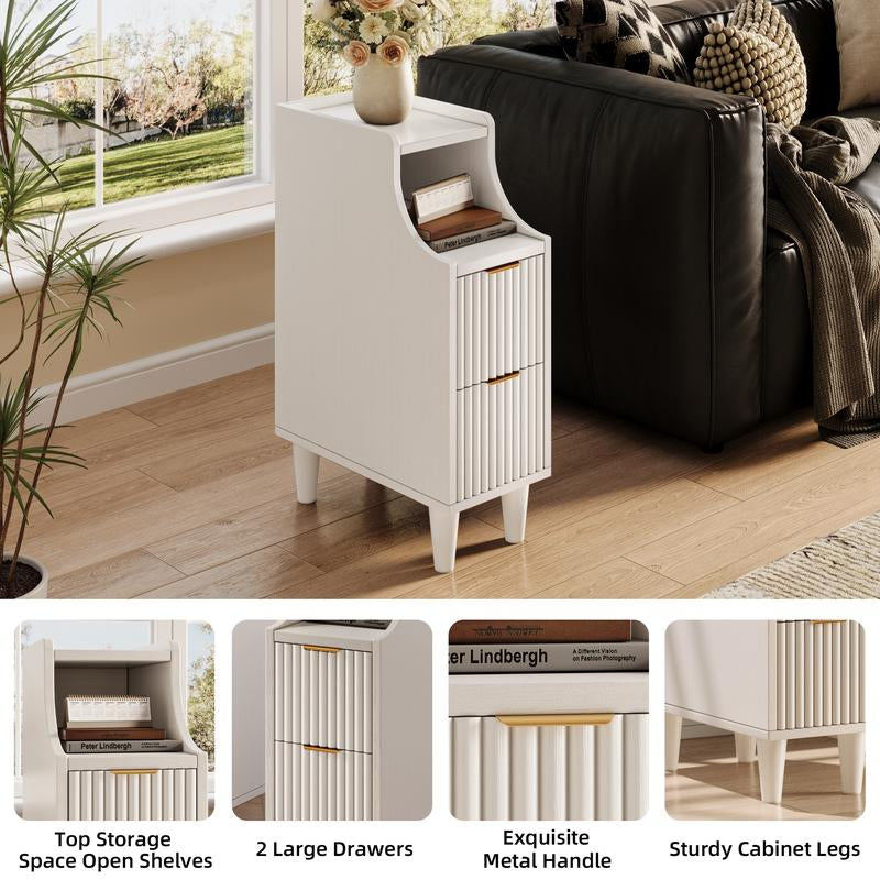 TOKSOM Two Small Bedside Tables with Drawers, a Pair of Solid Wood Bedside Tables, a Narrow Walnut White Bedside Table for the Bedroom, Which Can Be Placed in the Bedroom, Living Room, Study or Office