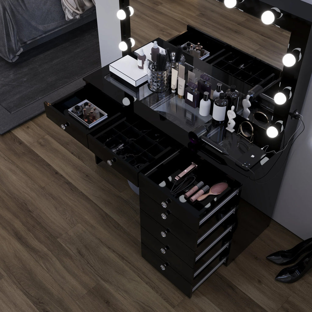 Boahaus Serena Makeup Vanity Table with Built-In Lights & Glass Top | Elegance Redefined