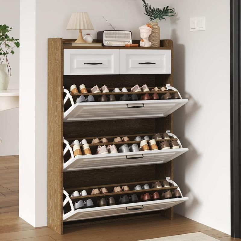 Spaco White Shoe Cabinet for Entryway, Freestanding Shoe Storage Cabinet,Wood Slim Hidden Shoe Rack Cabinet, Shoe Organizer Cabinet with 3 Flip Drawers & 2 Sliding Drawers for Closet, Hallway