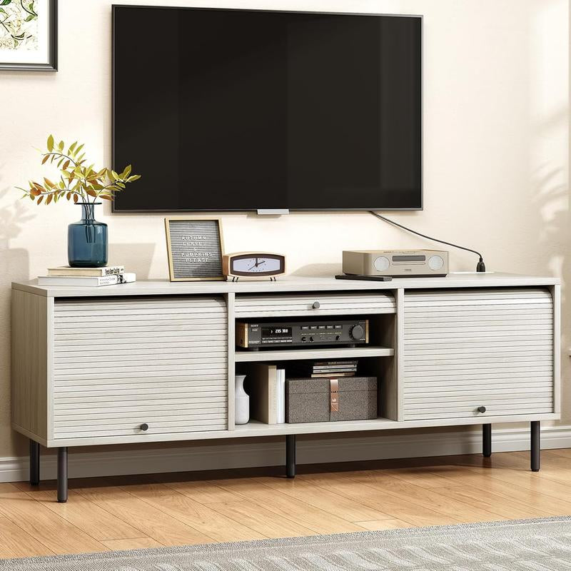 59 Inch TV Stand for Tvs up to 65 Inch, Entertainment Center with Power Outlet, Mid-Century Modern TV Console with Storage, Adjustable Shelf & Sliding Doors, TV Stand for Living Room