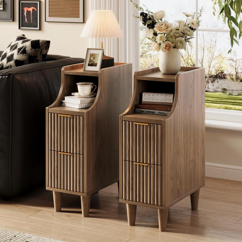 TOKSOM Two Small Bedside Tables with Drawers, a Pair of Solid Wood Bedside Tables, a Narrow Walnut White Bedside Table for the Bedroom, Which Can Be Placed in the Bedroom, Living Room, Study or Office