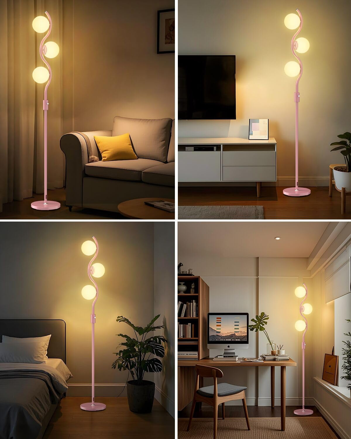 60IN Dimmable Pink Floor Lamp Mid Century Standing Lamps with 3Pcs G9 3000K Warm White Bulbs Stepless Dimming Globe Modern Tall Lamp with Stable Base for Bedroom Office