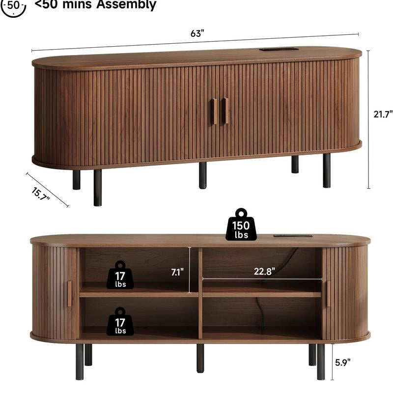 【Backtoschool】Onbrill Fluted TV Stand with Power Outlet for Tvs up to 60/70 Inch, TV Stands for Living Room with Storage & Adjustable Shelves, Entertainment Center with Sliding Doors, Console Table, Living Room Bedroom Furniture