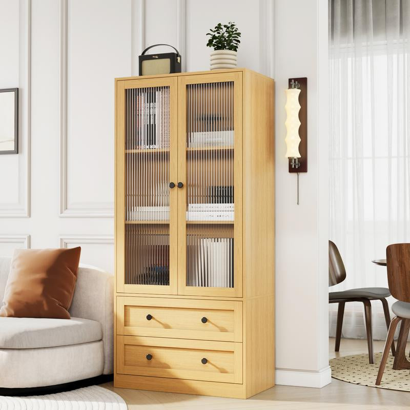 VOWNER 64.17" Tall Kitchen Pantry Storage Cabinet with 2 Glass Doors, 3 Shelves and 2 Drawers, Storage Cabinets Furniture Organizer Fathersdaygift