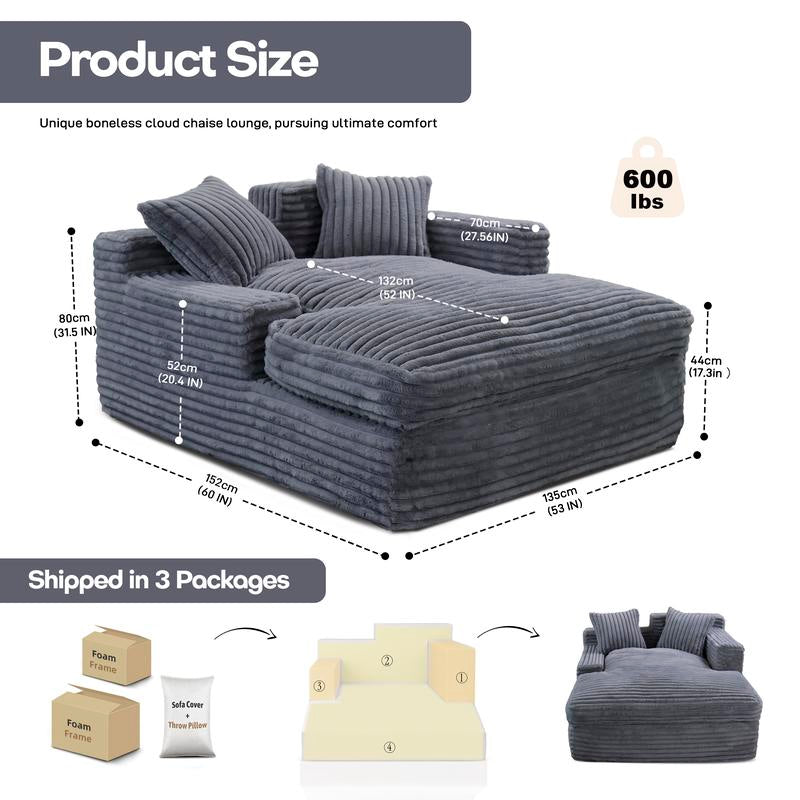 【3 Package Shipped & Black Friday】Chaise Lounge Chair Indoor Bedroom, Oversized Chaise Lounge Sofa Upholstered Soft Short Plush Cloud Couch Sofa Bed Sleeper Chair for Living Room with 2 Throw Pillows, Easy to Install