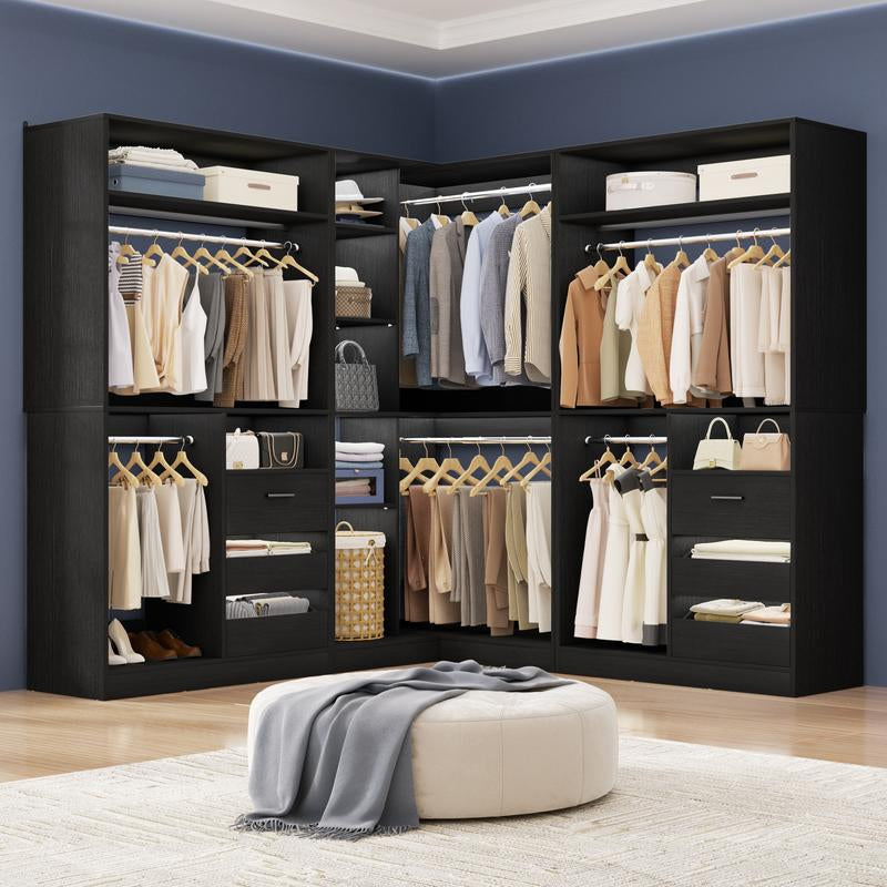 Cyclysio Corner Closet System with 6 Wooden Drawers and 6 Hanging Rods,Sturdy Walk-In Closet Organizer Wardrobe with Storage Shelves，3000 Lbs Capacity