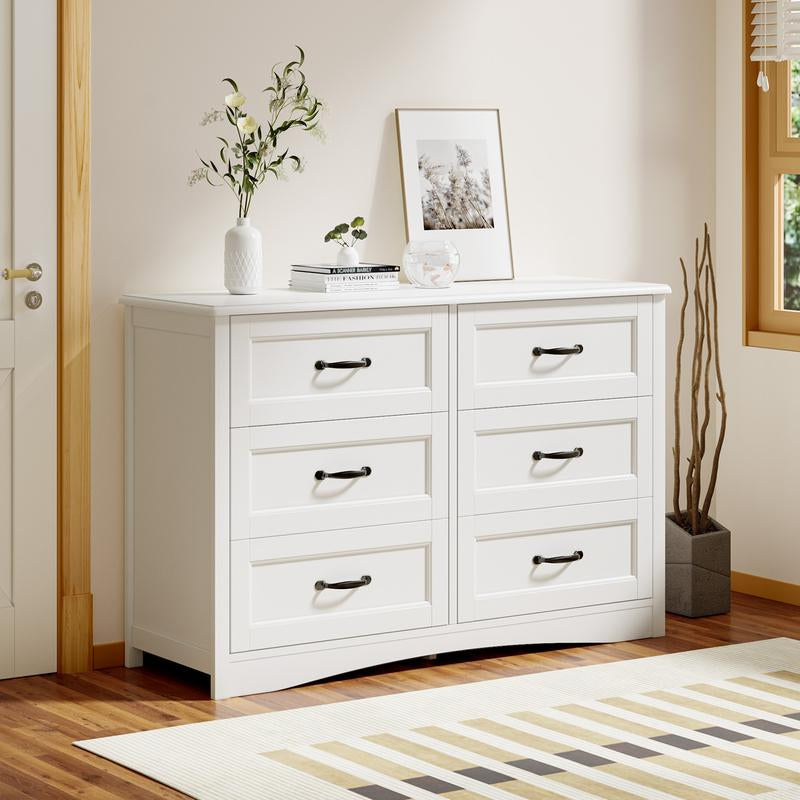 Gizoon 6 Drawer Dresser for Bedroom，47'' Larger Chest of Drawers with Mental Handle for Kids Room, White Dresser with 6 Storage Drawers for Living Room, Entryway and Hallway