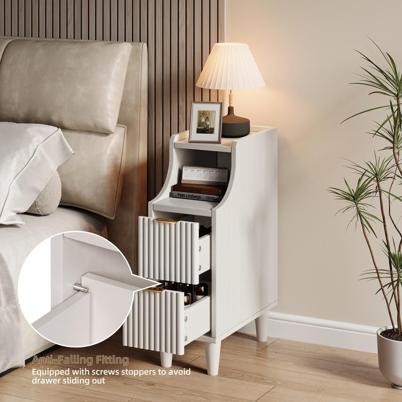 TOKSOM Two Small Bedside Tables with Drawers, a Pair of Solid Wood Bedside Tables, a Narrow Walnut White Bedside Table for the Bedroom, Which Can Be Placed in the Bedroom, Living Room, Study or Office