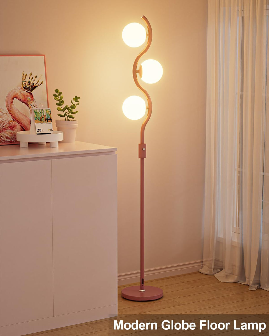 60IN Dimmable Pink Floor Lamp Mid Century Standing Lamps with 3Pcs G9 3000K Warm White Bulbs Stepless Dimming Globe Modern Tall Lamp with Stable Base for Bedroom Office