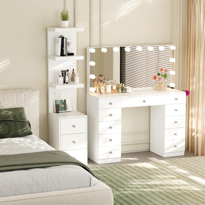 VOWNER 3 Tier Stand Shelf with 3 Drawers Modern Decor beside Table Nightstand with LED Light for Vanity Bedroom