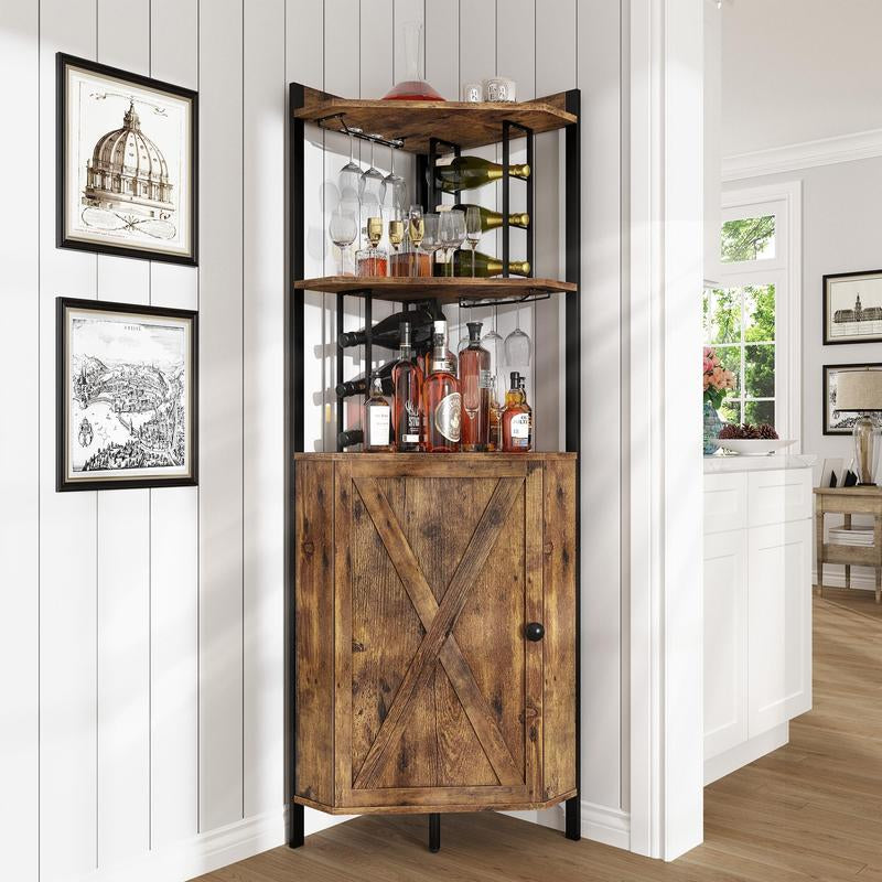 63” Corner Bar Cabinet with Wine Rack, 5-Tier Liquor Cabinet with Glass Holder, Adjustable Shelves & Barn Door, Home Bar Storage for Living Room & Kitchen