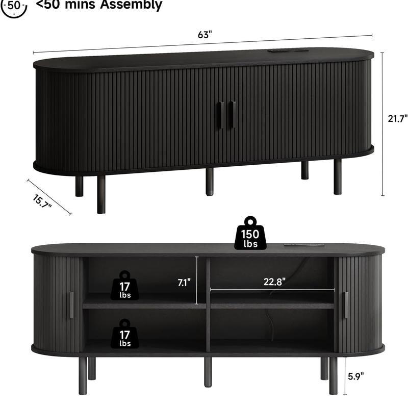【Backtoschool】Onbrill Fluted TV Stand with Power Outlet for Tvs up to 60/70 Inch, TV Stands for Living Room with Storage & Adjustable Shelves, Entertainment Center with Sliding Doors, Console Table, Living Room Bedroom Furniture