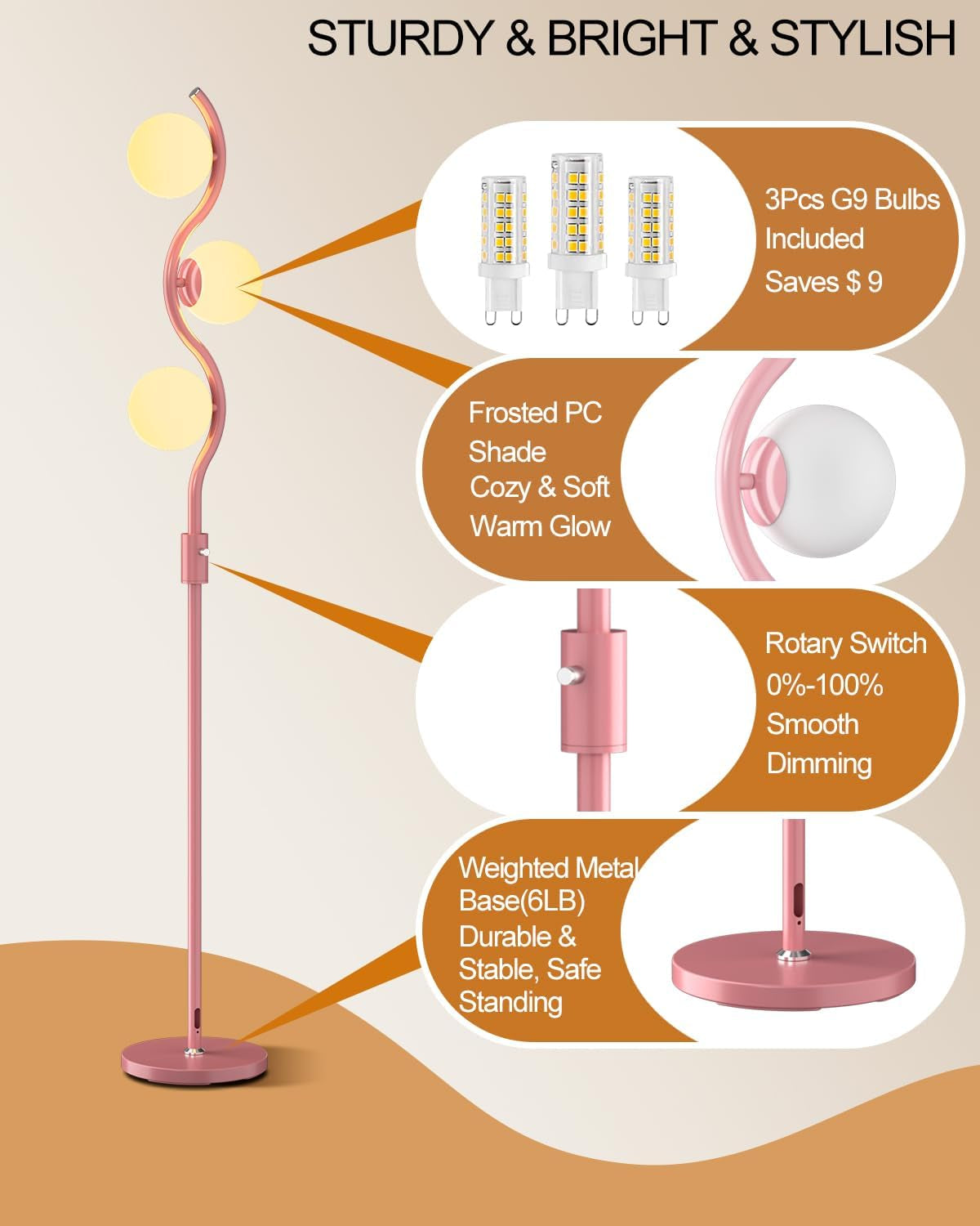 60IN Dimmable Pink Floor Lamp Mid Century Standing Lamps with 3Pcs G9 3000K Warm White Bulbs Stepless Dimming Globe Modern Tall Lamp with Stable Base for Bedroom Office