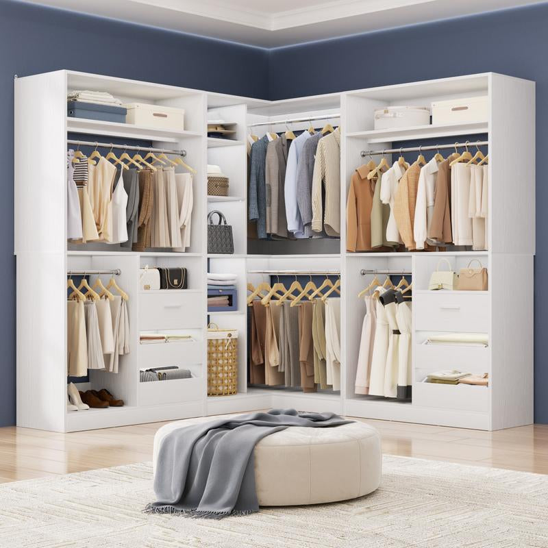 Cyclysio Corner Closet System with 6 Wooden Drawers and 6 Hanging Rods,Sturdy Walk-In Closet Organizer Wardrobe with Storage Shelves，3000 Lbs Capacity