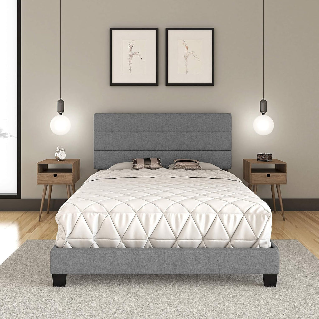 Ravenna Grey Linen Full Size Fully Upholstered Platform Bed Frame with Adjustable Headboard - Qualified Box Spring or Foundation Required for Use