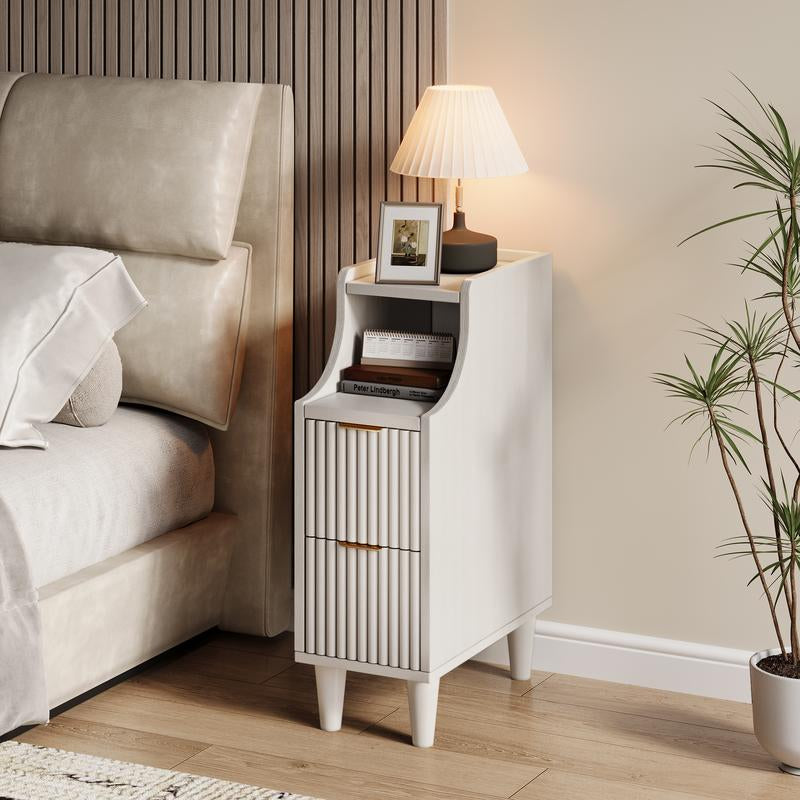TOKSOM Two Small Bedside Tables with Drawers, a Pair of Solid Wood Bedside Tables, a Narrow Walnut White Bedside Table for the Bedroom, Which Can Be Placed in the Bedroom, Living Room, Study or Office