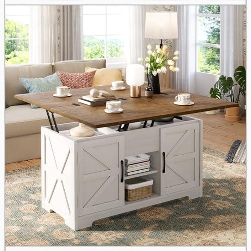 VIVIDWOOD Lift Top Coffee Table with Storage, 4 in 1 Multi-Function Convertible Tea Tables with Hidden Compartment, Farmhouse Center Table Converts to Dining Table for Living Room, Apartment