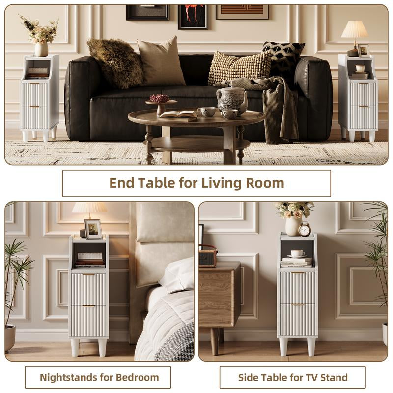 TOKSOM Two Small Bedside Tables with Drawers, a Pair of Solid Wood Bedside Tables, a Narrow Walnut White Bedside Table for the Bedroom, Which Can Be Placed in the Bedroom, Living Room, Study or Office