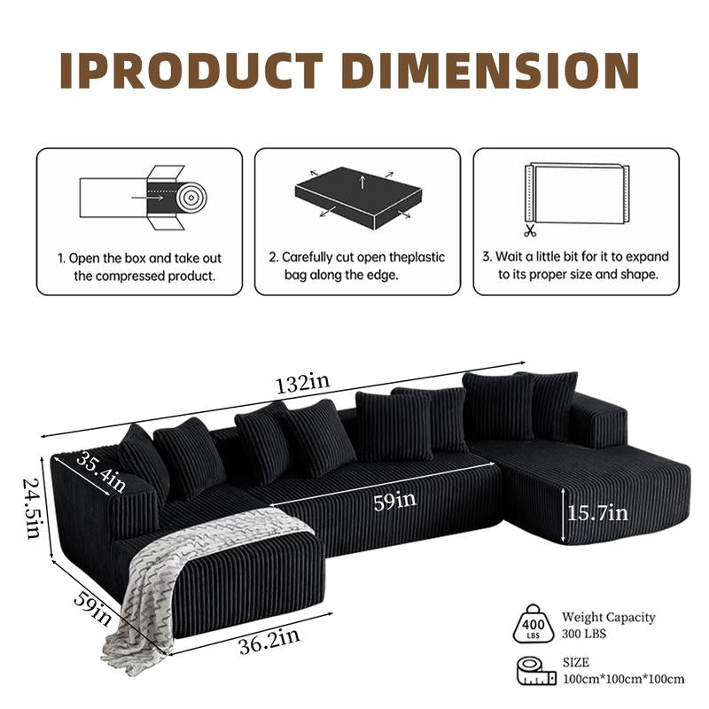 The Cloud Couch 132 Inch Modular U-Shaped Sofa with Fluffy Plush Corduroy Fabric Convertible Sofa Bed Recliner for Living Room & Bedroom Comfortable Boneless Couch with Soft Throw Pillows