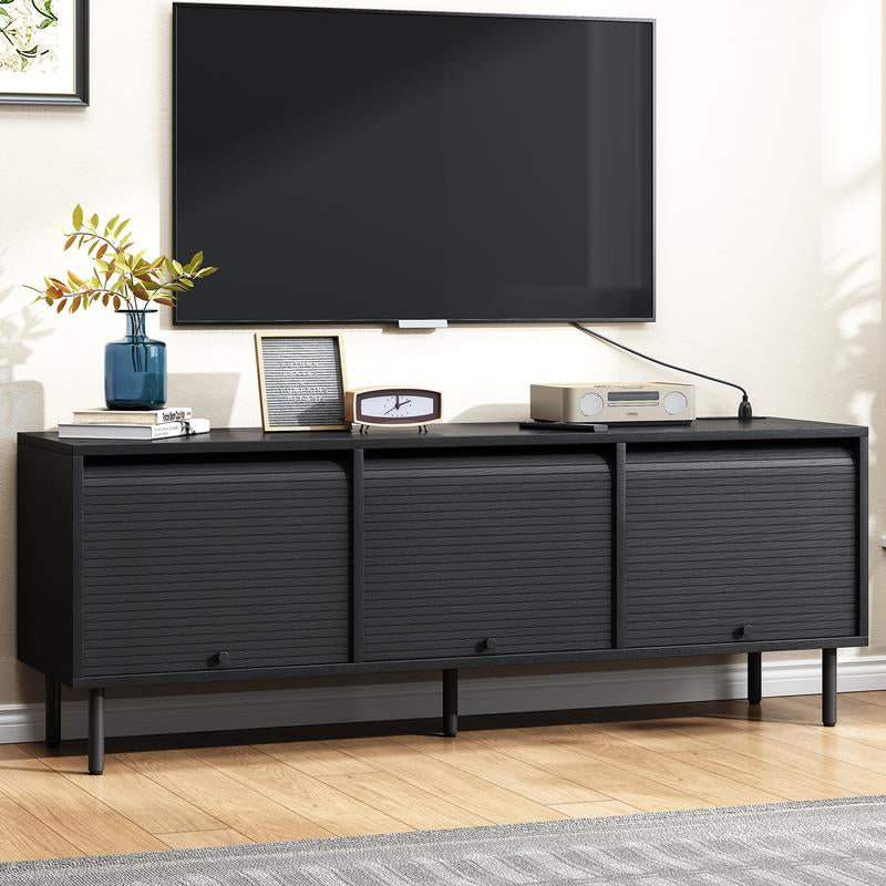 59 Inch TV Stand for Tvs up to 65 Inch, Entertainment Center with Power Outlet, Mid-Century Modern TV Console with Storage, Adjustable Shelf & Sliding Doors, TV Stand for Living Room