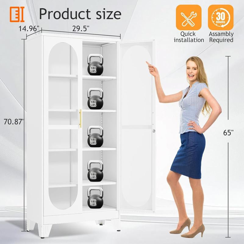 H71" Tall Metal Curio Cabinet, Display Cabinet with Glass Door, 5 Tier Liquor with 4 Adjustable Shelves, Locking Glass Display Case for Collectibles, Showcase Storage Cabinets, Black