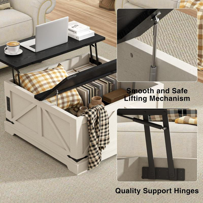 [Tiktokshopblackfriday] Vabches Farmhouse Lift Top Coffee Table with Storage, Wood Square Center Table with Charging Station, Rustic Cocktail Tables with Flip Top Lids for Living Room, Home Office, Modern Black