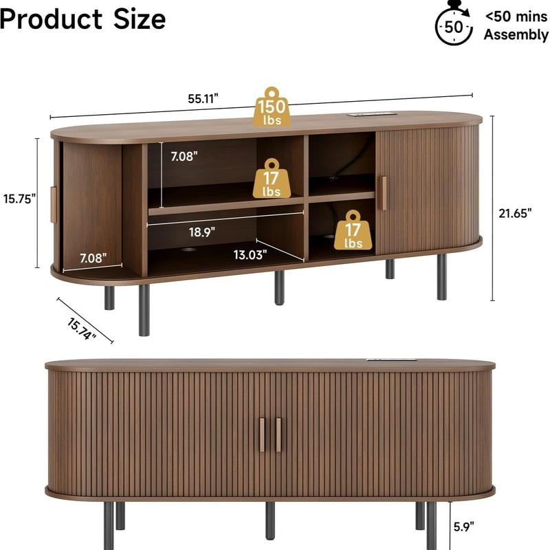 【Backtoschool】Onbrill Fluted TV Stand with Power Outlet for Tvs up to 60/70 Inch, TV Stands for Living Room with Storage & Adjustable Shelves, Entertainment Center with Sliding Doors, Console Table, Living Room Bedroom Furniture