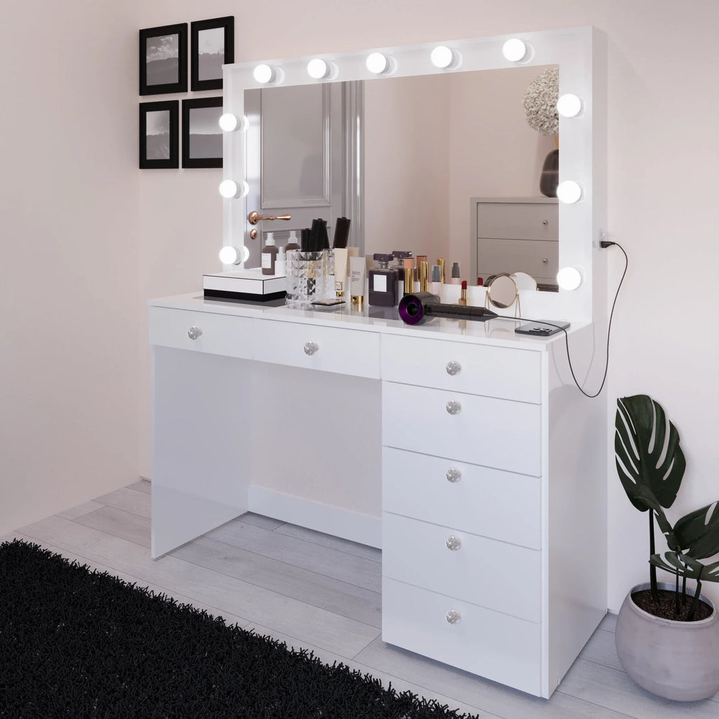 Boahaus Serena Makeup Vanity Table with Built-In Lights & Glass Top | Elegance Redefined