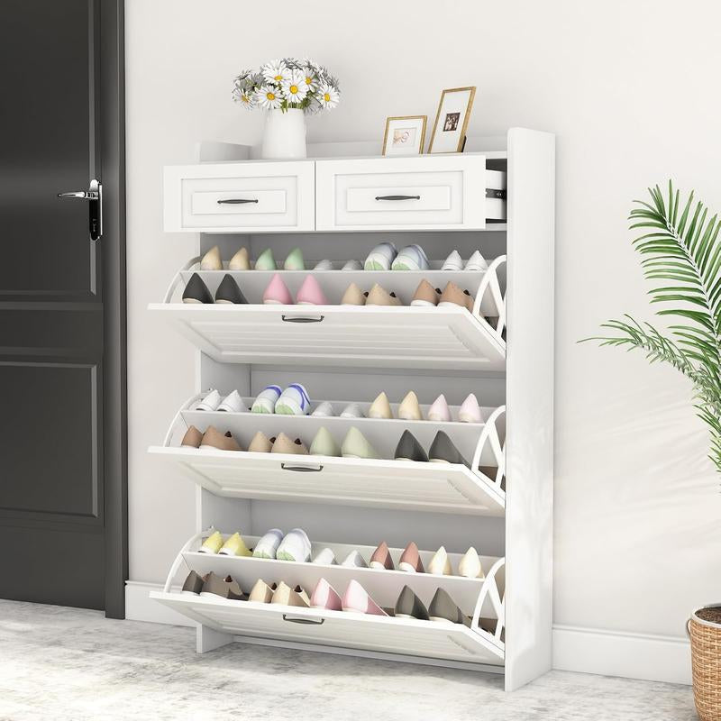 Spaco White Shoe Cabinet for Entryway, Freestanding Shoe Storage Cabinet,Wood Slim Hidden Shoe Rack Cabinet, Shoe Organizer Cabinet with 3 Flip Drawers & 2 Sliding Drawers for Closet, Hallway