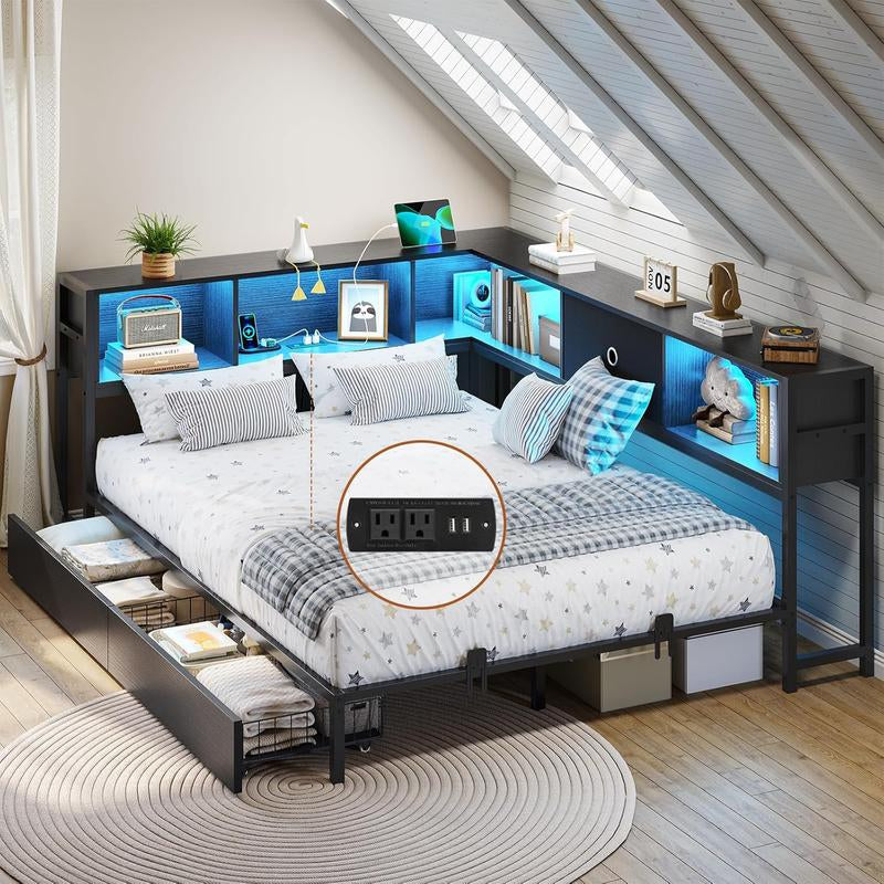 Corner Full Bed Frame with Bookcase Storage and Led Lights Metal Platform Bed Frame with Drawers and Charging Station Full Size Daybed with Storage for Living Room,Bedroom,Guest Room,White