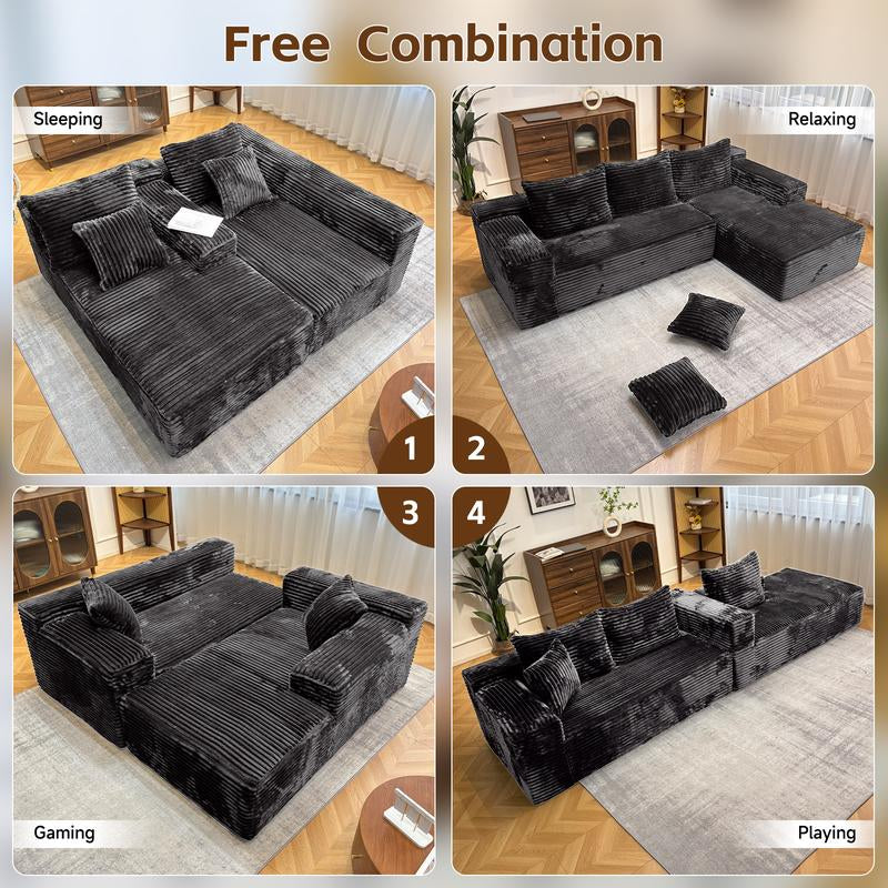 【2 Package Shipping】Oversized Chaise Lounge Sofa 106" Cloud Sectional Couch with L-Shape Chaise, Upholstered Couches for Living Room Bedroom, No Assembly Required，Modular Corduroy Cloud Velvet Couch，Convertible Loveseat Sofa Bed