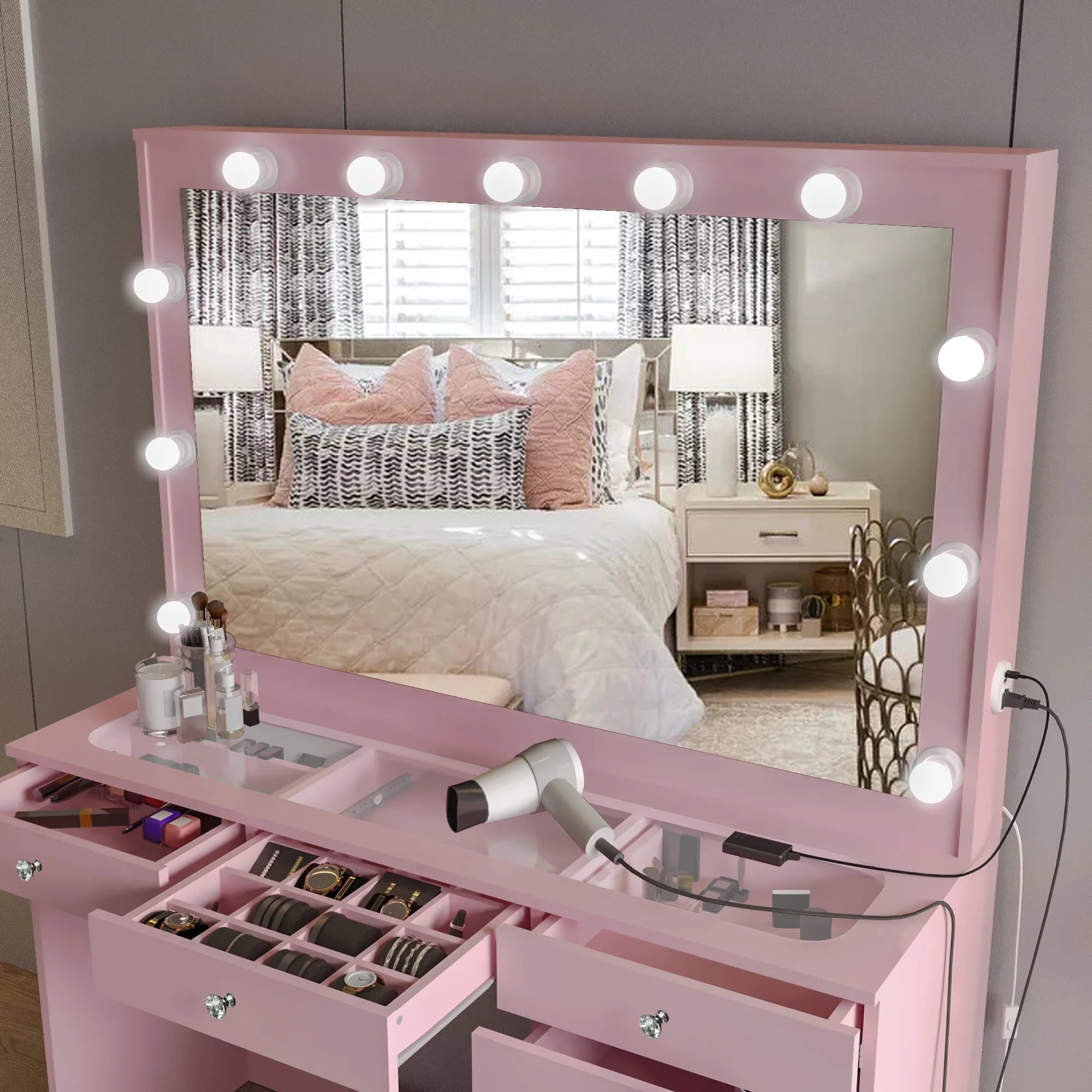 Boahaus Serena Makeup Vanity Table with Built-In Lights & Glass Top | Elegance Redefined