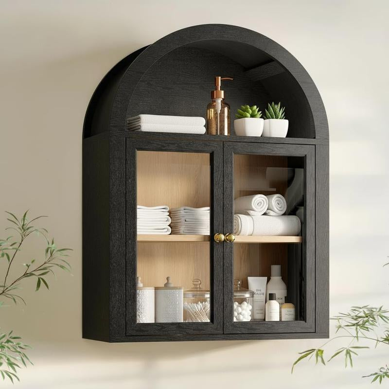 Arched Wall Cabinet,Glass Display Wall Mounted Cabinet with Tempered Glass Doors, Floating Cabinet with Adjustable Shelves for Bathroom,Living Room, Kitchen