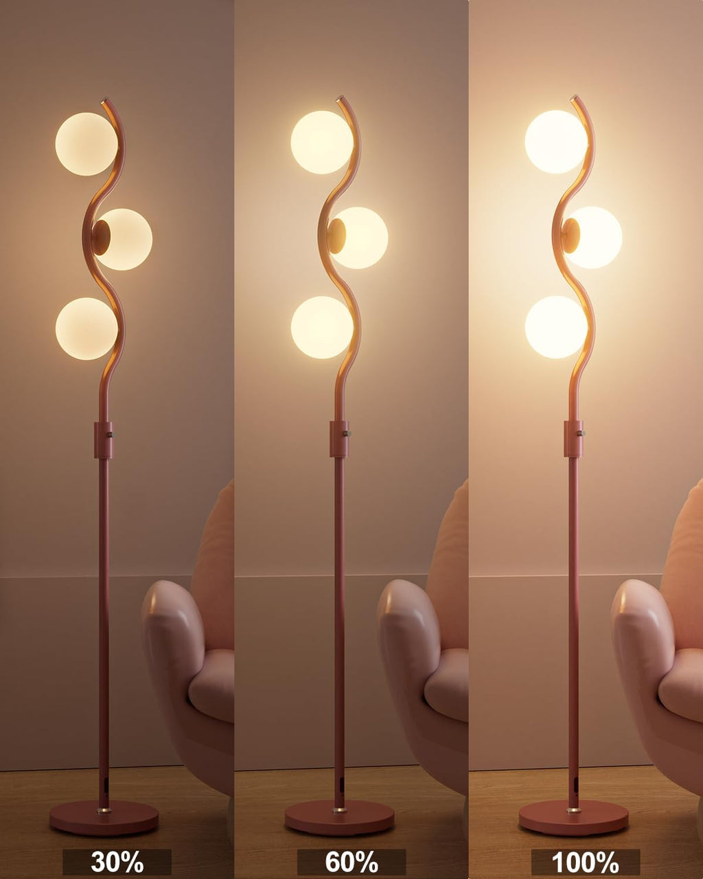 60IN Dimmable Pink Floor Lamp Mid Century Standing Lamps with 3Pcs G9 3000K Warm White Bulbs Stepless Dimming Globe Modern Tall Lamp with Stable Base for Bedroom Office