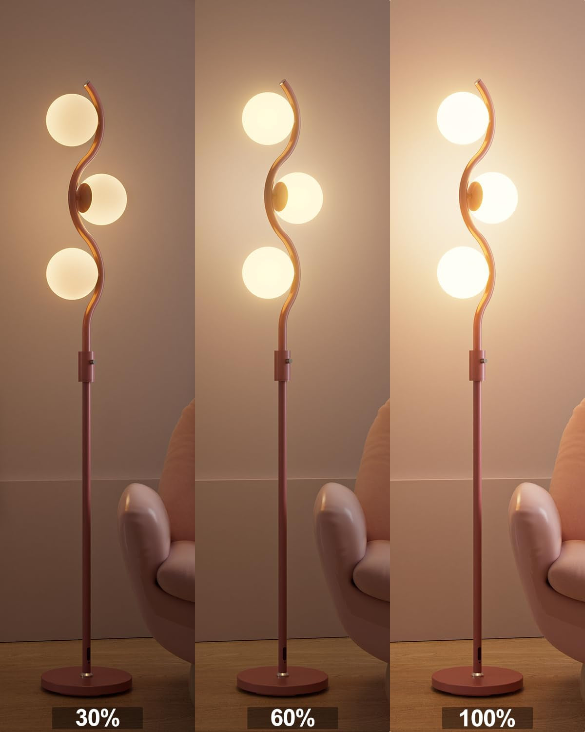 60IN Dimmable Pink Floor Lamp Mid Century Standing Lamps with 3Pcs G9 3000K Warm White Bulbs Stepless Dimming Globe Modern Tall Lamp with Stable Base for Bedroom Office